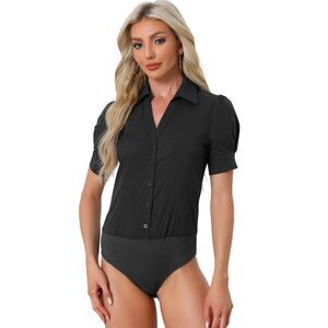 Button Down Leotard Shirt Short Sleeve Collared Work Bodysuit Tops Black